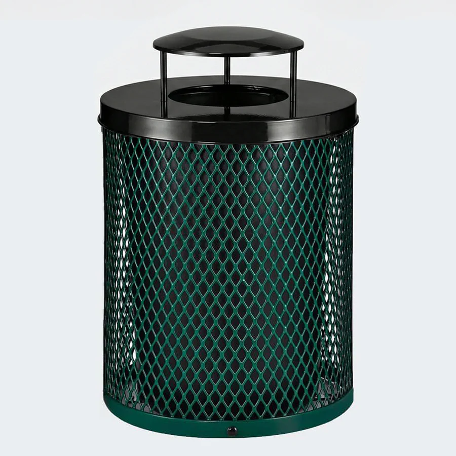 Commercial 55 Gallon Diamond Steel Trash Can With Rain Bonnet Lid, Liner & Base - Outdoor - Image 5