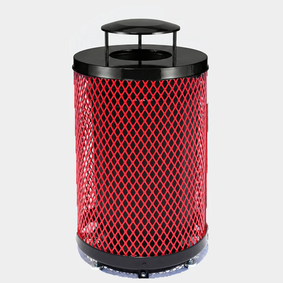Commercial 55 Gallon Diamond Steel Trash Can With Rain Bonnet Lid, Liner & Base - Outdoor - Image 6